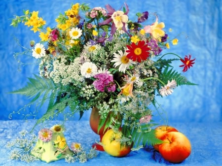 Still life - freshness, fruits, colorful, bouquet, lovely, still life, apples, vase, pretty, beautiful, flowers, harmony