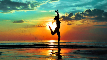 Sunset Dancer - summer, people, female, coast, beach, sunrise, shore, SkyPhoenixX1, dancing, sky, sun, women, clouds, abstract, dancer, photography, girl, sea, sunshine, ocean, sunset, woman, waves, dance, grils