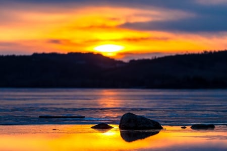 Sunset - landscape, beautiful, golden sky, stones, sunset, river angara