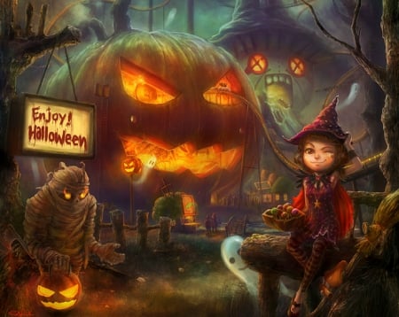 â˜…Enjoy Halloweenâ˜… - enjoy, fantasy, creative pre-made, amusement park, halloween, pumpkins, mummy, digital art, paintings, spooky, attractions in dreams, lovely, love four seasons, little witch, weird things people wear, beautiful, colors