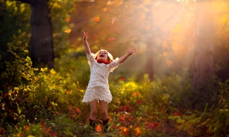 Happy - kid, autumn, girl, trees, child, autumn splendor, fall, woods, leaves