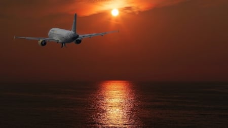 Plane - ocean - krajopraz, Plane, sunset, landscape, ocean