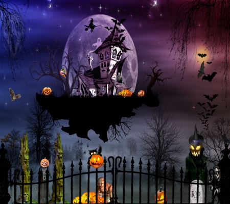 Halloween House - pumpkins, blue, night, light, bats, purple, halloween, art, house, moon, abstract, beautiful, lanterns, fence, witch, black, white