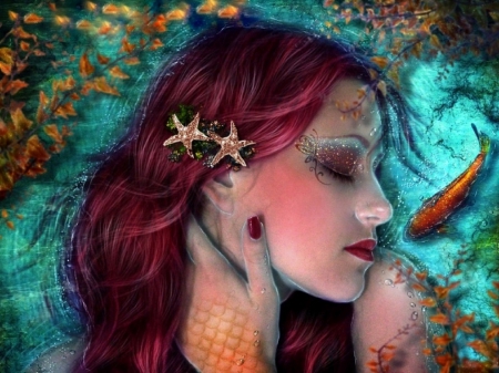 ~Mermaid - Miss You~ - redhead, female, fantasy, lovely, creative pre-made, love four seasons, mermaid, weird things people wear, beautiful, digital art, paintings, colors