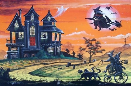 Trick-or-Treat - house, witches, kids, cats, halloween