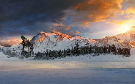 Sunset - winter - Sunset, trees, winter, mountains