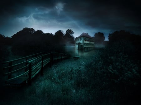 dark night - house, tree, fence, grass