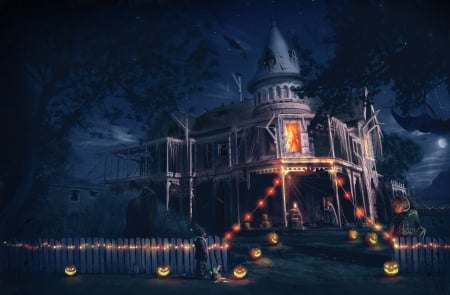 Scary House - pumpkins, seasonal, lights, halloween, dark