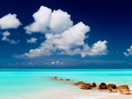 Blue Sea - rock, clouds, sea, waves, blue