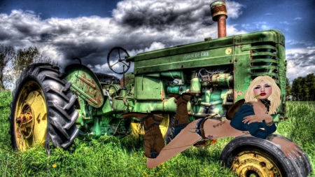 Fantasy Girl - hat, cowgirl, boots, tractor