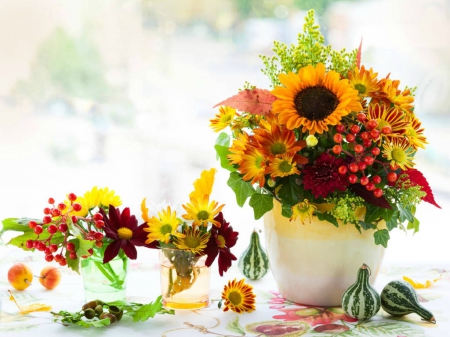 Autumn Still Life - nuts, sunflower, autumn, glasses, still life, berries, fruit, gourds, vase, acorns, fall, leaves, flowers