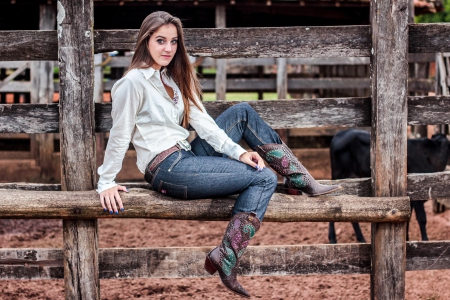 Riding The Rail - boots, hat, cowgirl, rail