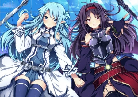 Yuuki and Yuuki - Fairy, Black Hair, Anime Girl, Sword Art Online, Anime, Konno Yuuki, Asuna, Long Hair, Elf, Wallpaper, Pointed Ears, Blue Hair, Yuuki Asuna, Sword