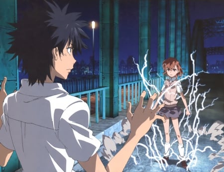 Duel! - kamijou toma, misaka mikoto, wallpaper, anime girl, black hair, brown hair, a certain magical index, anime guy, a certain scientific railgun, anime, lightning