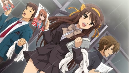 Mikuru For President! - long hair, wallpaper, anime girl, brown hair, school uniform, anime guy, kyon, haruhi suzumiya, the melancholy of haruhi suzumiya, anime, ribbon