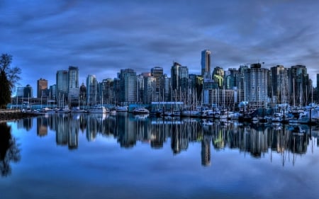 Cityscape Reflection on Harbor - oceans, cityscapes, harbor, architecture, buildings