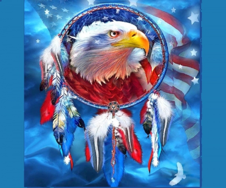 Eagle Dream Catcher - abstract, red white and blue, native, eagle, native american, dream catcher, feathers, american indian, flag