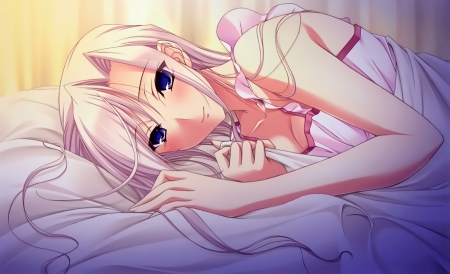 Dreamy - nice, beauty, bed, female, anime girl, laying, pretty, anime, silver hair, cute, maiden, lady, girl, adorable, blushing, long hair, lay, lovely, kawaii, beautiful, sweet, blush, bedroom