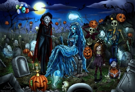 Halloween Party - moon, scary, pumpkin, people, artwork, night