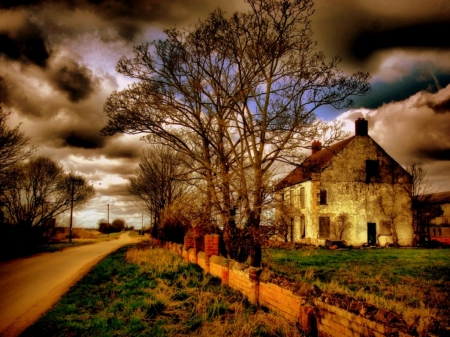 Country Home - sky, windows, trees, dirt, road, country, nature, white, roof, home, clouds, blue, architecture, green, house, grass