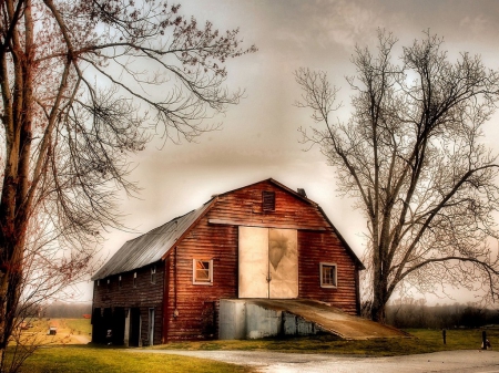 Country Barn - sky, windows, trees, country, nature, brown, clouds, door, architecture, green, grass, barn