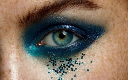 Blue - make-up, eye, glitter, woman, freckles, blue