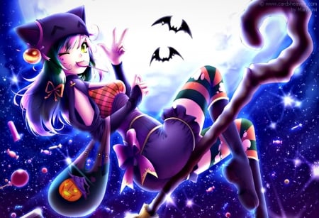 Happy Halloween! - moon, anime, bat, blue, girl, sweets, witch, manga, purple, halloween