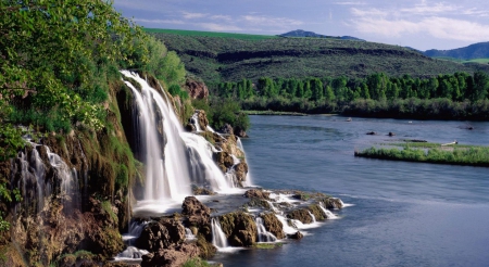 Waterfall - mountains, trees, waterfall, river