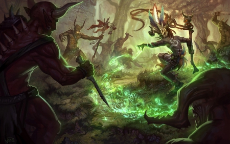 Demons battle - art, forest, game, diablo, green, fantasy, demon