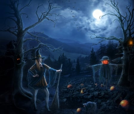 ★Witch in October★ - pumpkins, creative pre-made, scarecrow, holidays, night, photomanipulation, bats, October, halloween, cats, broom, beautiful, digital art, weird things people wear, colors, lovely, witch, fantasy, moons, love four seasons