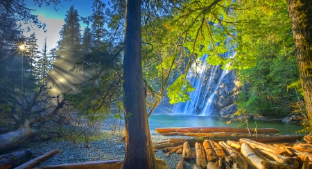 Virgin Falls, Tennessee - trees, crystal clear pool, sunset, waterfall, sun rays, stone beach, forest, beautiful, trunks