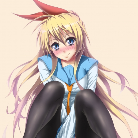 Kirisaki Chitoge - pretty, blushing, anime, kawaii, female, blonde, blond hair, nisekoi, long hair, blond, hd, nice, anime girl, beautiful, girl, blush, simple, blonde hair, beauty, lovely, sweet, kirisaki chitoge, cg, school uniform, cute, adorable