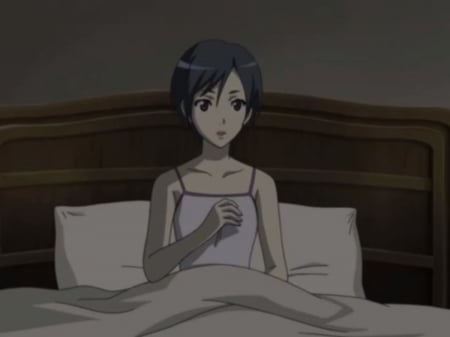 Saya - pretty, anime, female, saya otonashi, short hair, bed, blood plus, pillow, nice, bloodplus, anime girl, beautiful, girl, lovely, bedroom, sweet, saya, otonashi, black hair, otonashi saya, beauyt