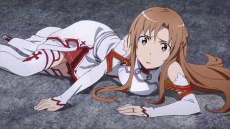 Asuna - pretty, anime, female, long hair, armor, yuuki, sword art online, sao, nice, anime girl, asuna, laying, beautiful, girl, yuuki asuna, shock, beauty, lovely, brown hair, sweet, floor, knight, asuna yuuki, lay