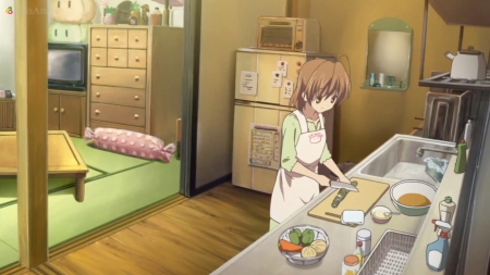 Preparing Dinner - pretty, anime, female, food, scene, nagisa, furukawa nagisa, home, bed, pillow, nice, clannad, house, drawer, anime girl, girl, furukawa, lovely, brown hair, bedroom, sweet, cupboard, vegetable, kitchen