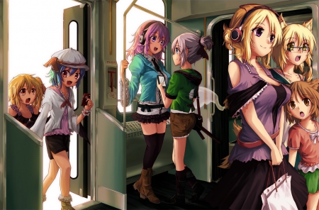 Touhou Train Ride - remilia scarlet, konpaku youmu, hat, glasses, yakumo ran, anime girl, saigyouji yuyuko, train, touhou, phone, anime, short hair, yakumo yukari, chen, flandre scarlet, animal ears, wallpaper, boots, myon, headphones