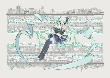 All Around The World - map, vocaloid, anime, skirt, boots, ponytails, hatsune miku, long hair