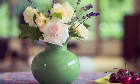 Still Life - summer, flowers, bouquet, table, vase, cherry