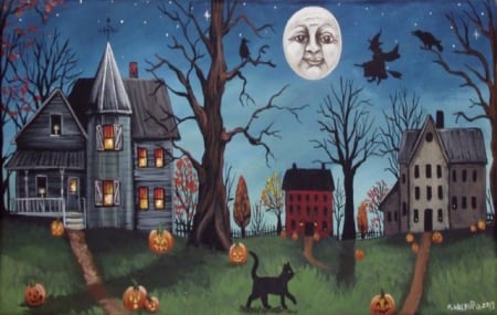 Halloween Night - witch, moon, pumpkins, houses, cat