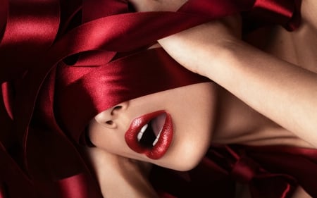 Red Passion - woman, face, lips, red, ribbon