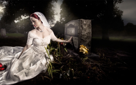 Ghost bride - woman, cemetery, girl, night, bride, white, halloween, ghost, dark