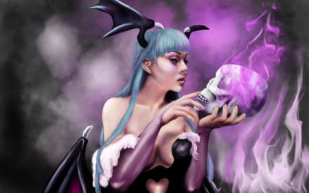 Morrigan - demon, purple, pink, game, morrigan, girl, dragon age, blue, skull, wings, witch, fantasy, sorceress, woman