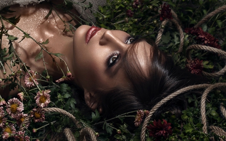 Mysterious Girl - woman, face, flowers, lying