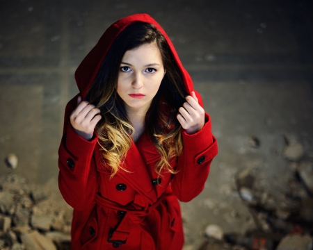 Mysterious Girl - red, hood, woman, model