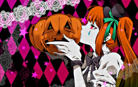 Hatsune Miku - hatsune miku, tears, hat, pumpkin, girl, halloween, pink, vocaloid, orange, green, anime, manga