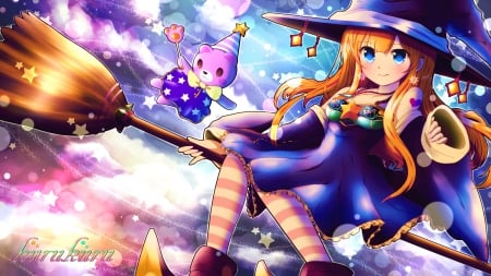 Witch - pink, halloween, anime, girl, manga, witch, kurukuru, fantasy, hat