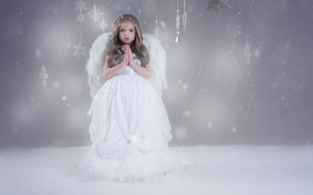 Little angel - white, girl, angel, winter, wings, child, cute, dress