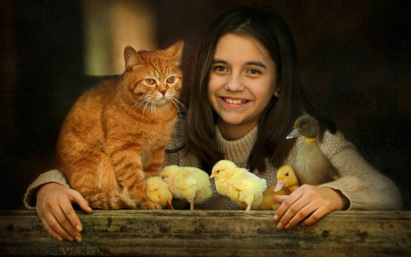 Cute Friends - girl, cat, animals, chicks