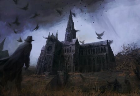 Home for Halloween - season, raven, church, man, dark