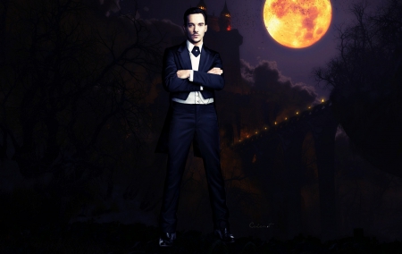 Jonathan Rhys Meyers - moon, actor, yellow, by cehenot, tv series, night, man, dark, Jonathan Rhys Meyers, Dracula, vampire, black, costume, purple, halloween, castle